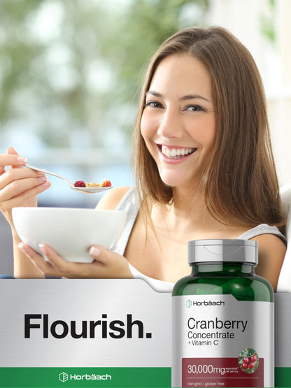 Horbäach Cranberry Concentrate Extract Pills + Vitamin C | 120 Capsules | Supplement for Women and Men | Triple Strength Ultimate Potency Formula | Non-GMO and Gluten Free