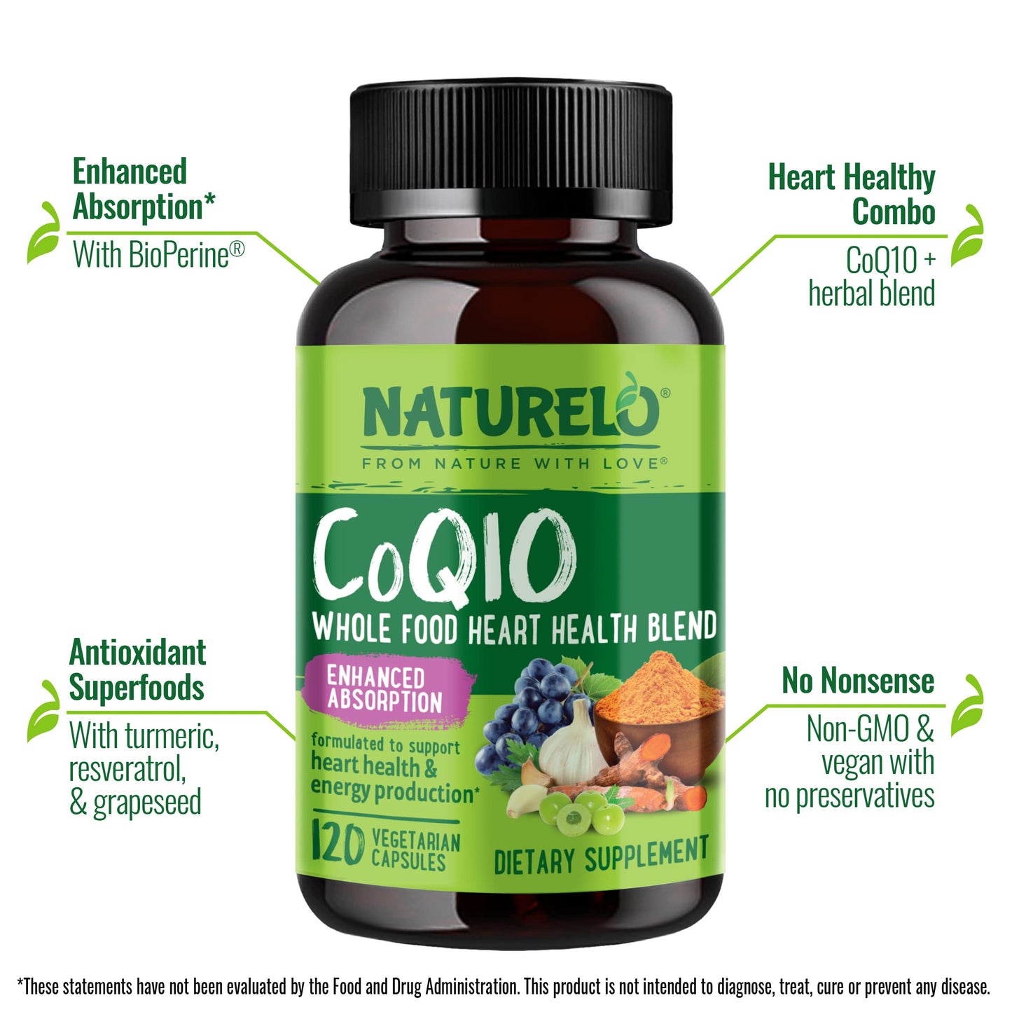NATURELO Whole Food CoQ10 Supplement, 120 Veg Capsules, Heart Health Blend, Powerful Antioxidant, CoQ10 100mg Supports Energy Production