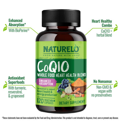 NATURELO Whole Food CoQ10 Supplement, 120 Veg Capsules, Heart Health Blend, Powerful Antioxidant, CoQ10 100mg Supports Energy Production