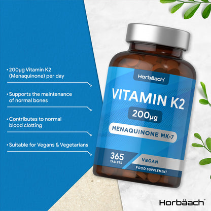 Vitamin K2 MK7 200ug | 365 Vegan Tablets | High Strength Menaquinone MK-7