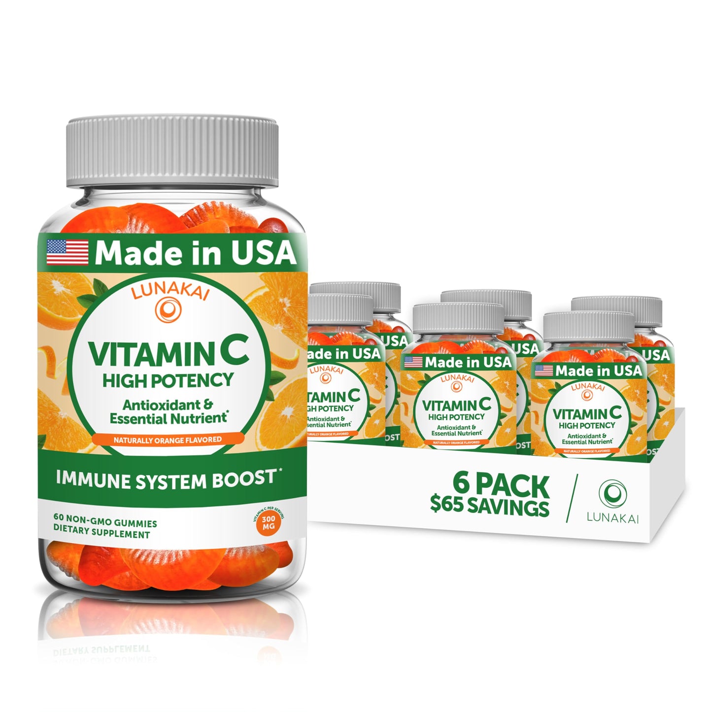 Lunakai USA Made High Potency Vitamin C Gummies for Adults and Kids - 300mg Immune Support - Non-GMO, Vegan, Delicious Orange Flavor, 60ct