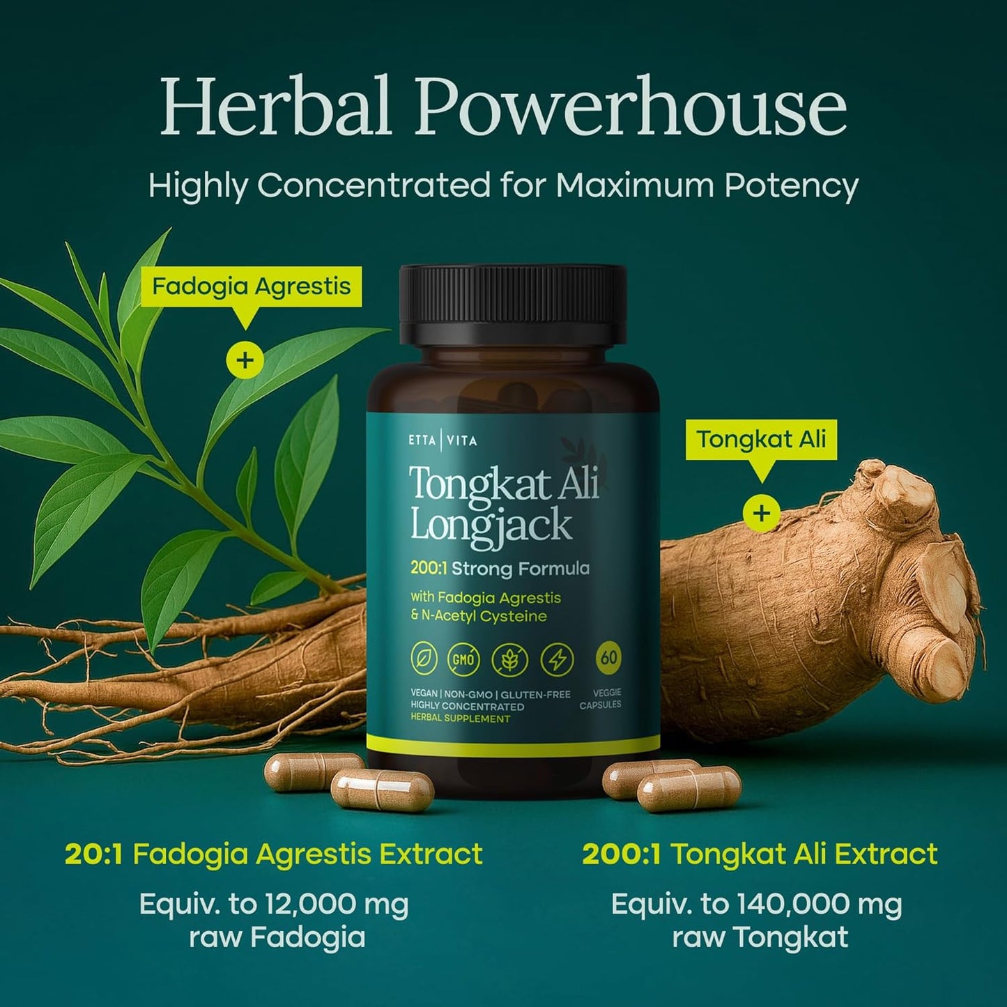 Testosterone Booster for Men with Tongkat Ali & Fadogia Agrestis [200:1 Longjack] - Lean Muscle Recovery for Men and Women, Hormonal Balance with NAC Liver Support, Detox & Cleanse, 60ct (Made in USA)