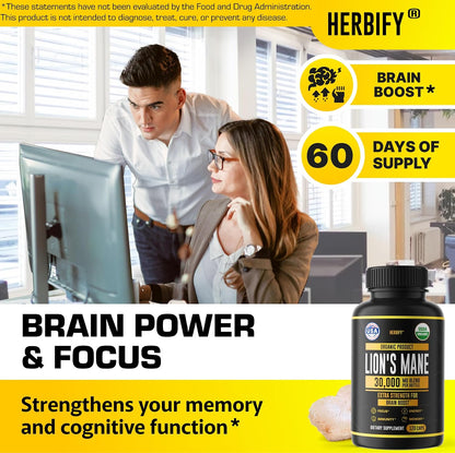 HERBIFY Bundle Lions Mane Capsules & Mullein Drops - Daily Supplement for Memory, Focus, Clarity & Powerful Lung Cleanse Support