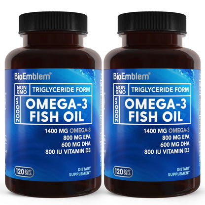 BioEmblem Omega-3 Fish Oil 2000mg Per Serving - Small Size Softgels, High Absorption Form, Sustainable - EPA &DHA Plus Vitamin D3, Non-GMO, Heart, Joint, & Brain Health Fish Oil Supplement, 360 Ct