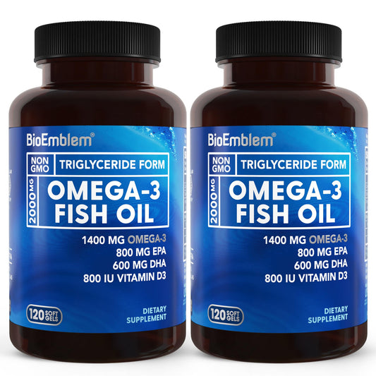 BioEmblem Omega-3 Fish Oil 2000mg Per Serving - Small Size Softgels, High Absorption Form, Sustainable - EPA &DHA Plus Vitamin D3, Non-GMO, Heart, Joint, & Brain Health Fish Oil Supplement, 360 Ct