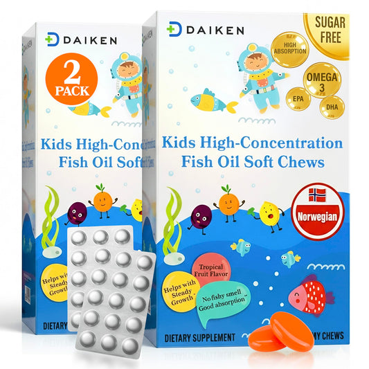 DAIKEN High Concentration Kids Fish Oil Omega-3 Gummies, No Sugar Added, Individually Wrapped, 300 mg Omega-3 (DHA & EPA) with Vitamin D3 for Kid, 30 Count, Tropical Fruit Flavor, Norwegian Sourced