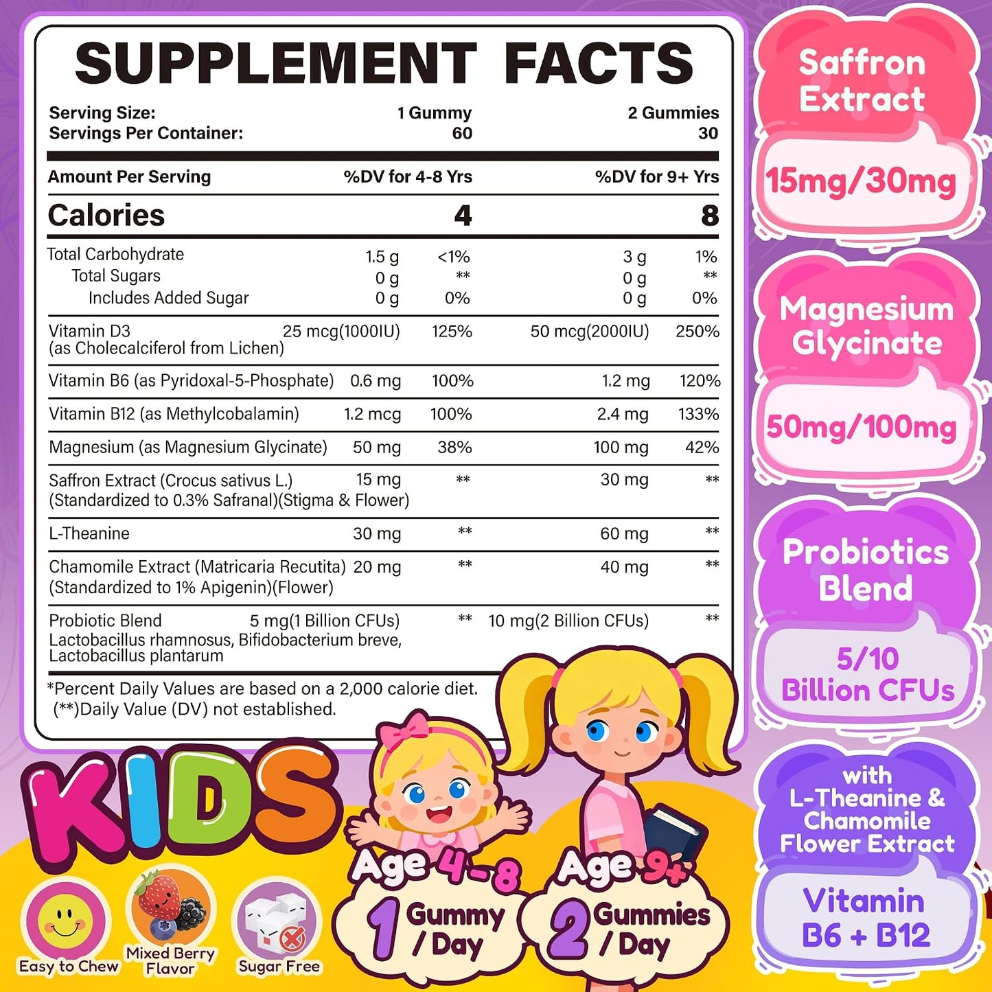 Happy Saffron Gummies for Kids Teen, Organic Saffron + Magnesium Glycinate Supplement with Probiotics, L-Theanine, Chamomile, D3, B6, B12 for Children's Focus & Mood, Calm, Sleep, Sugar Free, 120 Cts