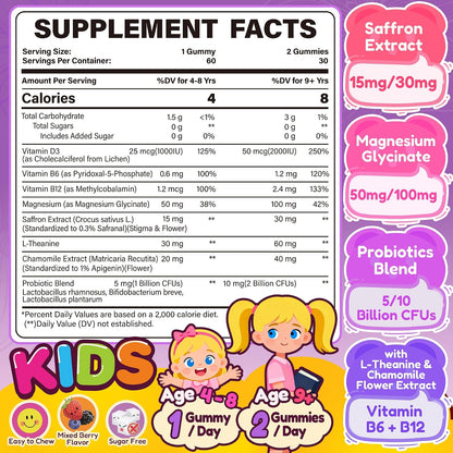 Happy Saffron Gummies for Kids Teen, Organic Saffron + Magnesium Glycinate Supplement with Probiotics, L-Theanine, Chamomile, D3, B6, B12 for Children's Focus & Mood, Calm, Sleep, Sugar Free, 120 Cts