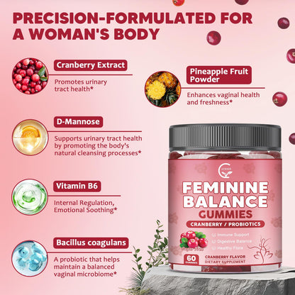 Premium Feminine Balance Gummies for Women with Cranberry Pineapple Powder | Support pH Balance & Vaginal Probiotics Health Gummies with D-Mannose , Sugar Free, Gluten Free, Vegan