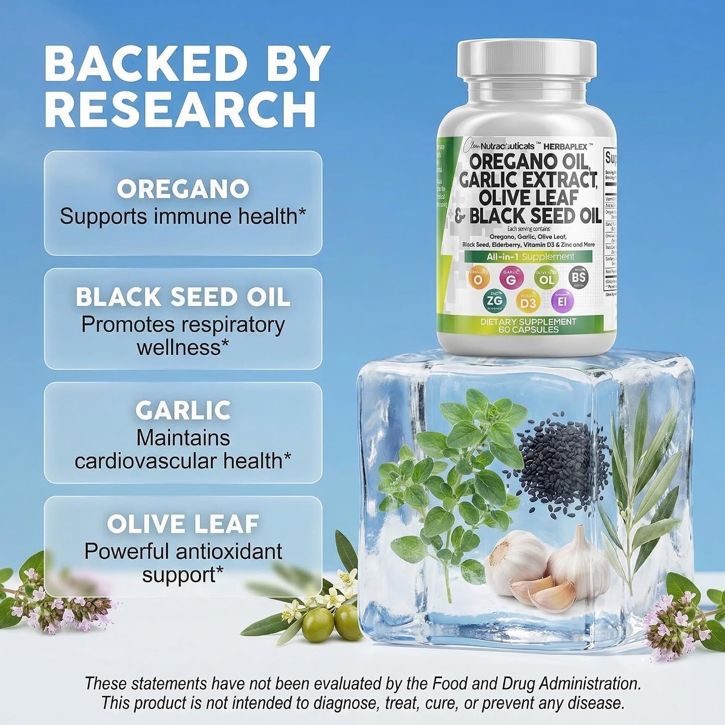Clean Nutra Oregano Oil with Black Seed Oil Garlic Olive Leaf Extract - Oil of Oregano Capsules Immune Support Carvacrol & Thymoquinone Supplement for Women and Men + Elderberry Vitamin D3 & Zinc