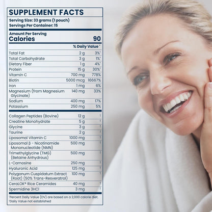 Renue Blue Skin Essentials Chocolate Drink Mix | Collagen Peptides Creatine & Protein Powder | Collagen (12g) Creatine (5g) Protein (15g) per Serving | Skin Hydration & Elasticity Support | 15 Sachets