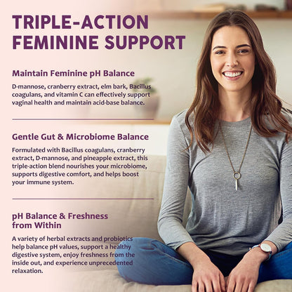Feminine Balance Probiotic Gummies for Women – Support Vaginal Health, pH Balance, Freshness & Digestive Health – with Pineapple, Slippery Elm, Cranberry, D-Mannose – Sugar-Free, Pineapple Flavor