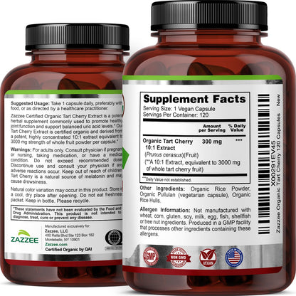 Zazzee USDA Organic Tart Cherry 10:1 Extract, 120 Vegan Capsules, 4 Month Supply, Montmorency Cherry, Daily Wellness Antioxidant Support, Organic Herbal Supplement, All-Natural, Non-GMO, Made in USA