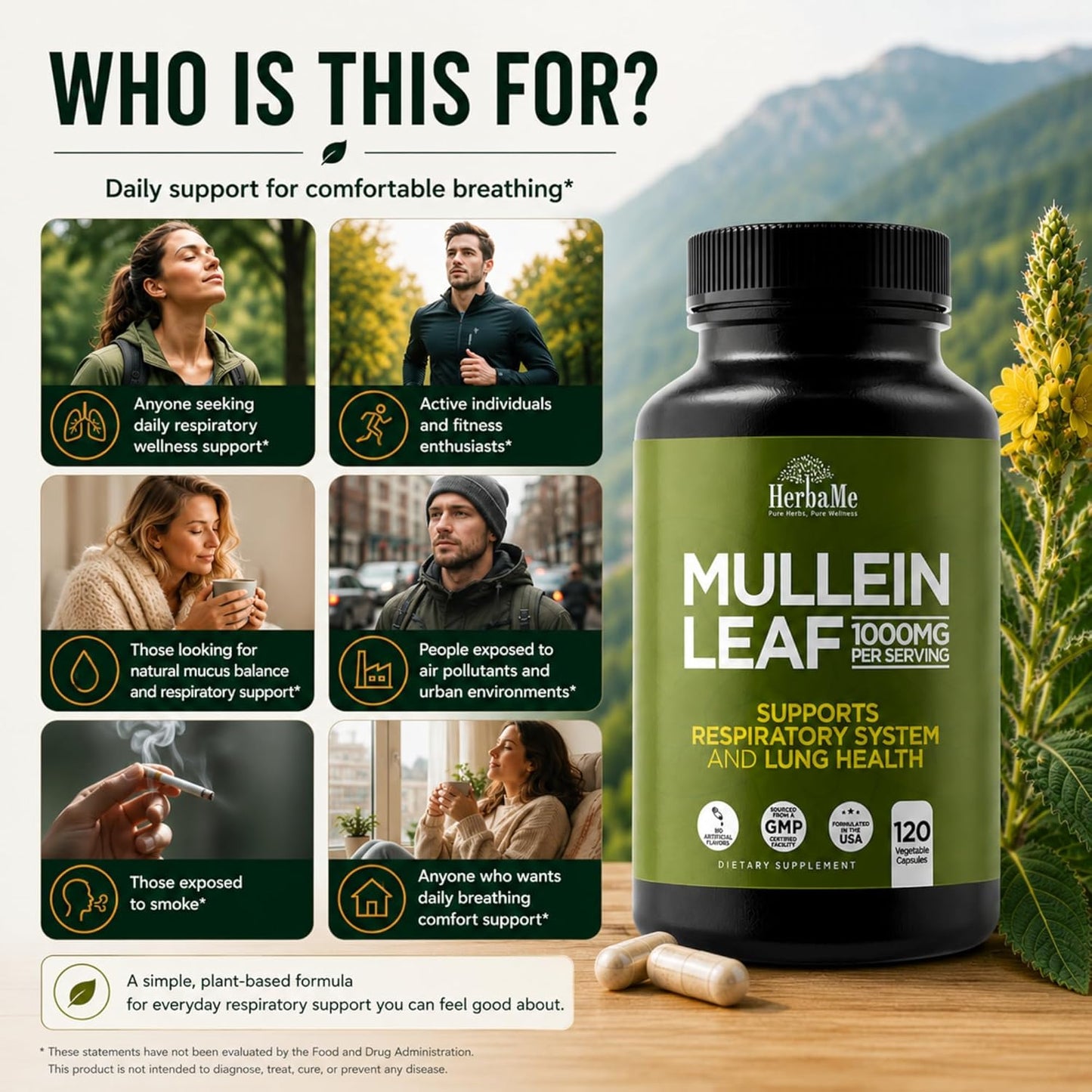 HerbaMe Mullein Leaf 1000mg, 120 Capsules - Daily Respiratory Support Supplement, Supports Breathing Comfort & Mucus Balance, Herbal Lung Support for Smokers, Men & Women