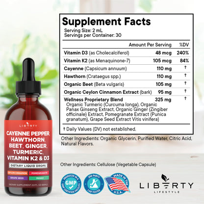 Cayenne Pepper Supplement Liquid Drops + Hawthorn Berry, Vitamin D3 K2 Beet Root Powder, Ceylon Cinnamon, Turmeric Curcumin, Organic Panax Ginseng - 4oz