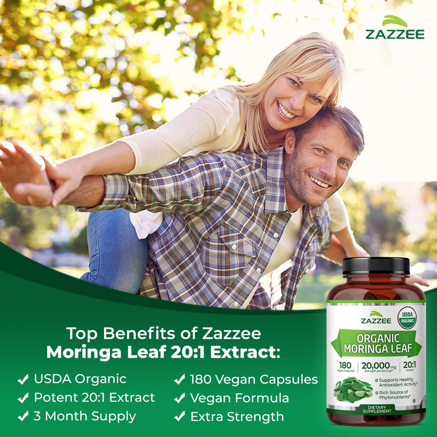 Zazzee USDA Organic Moringa Leaf 20:1 Extract, 180 Vegan Capsules, 3 Month Supply, Certified Kosher, Moringa Oleifera, Antioxidant, Immune & Cellular Support, Superfood Supplement, Made in the USA