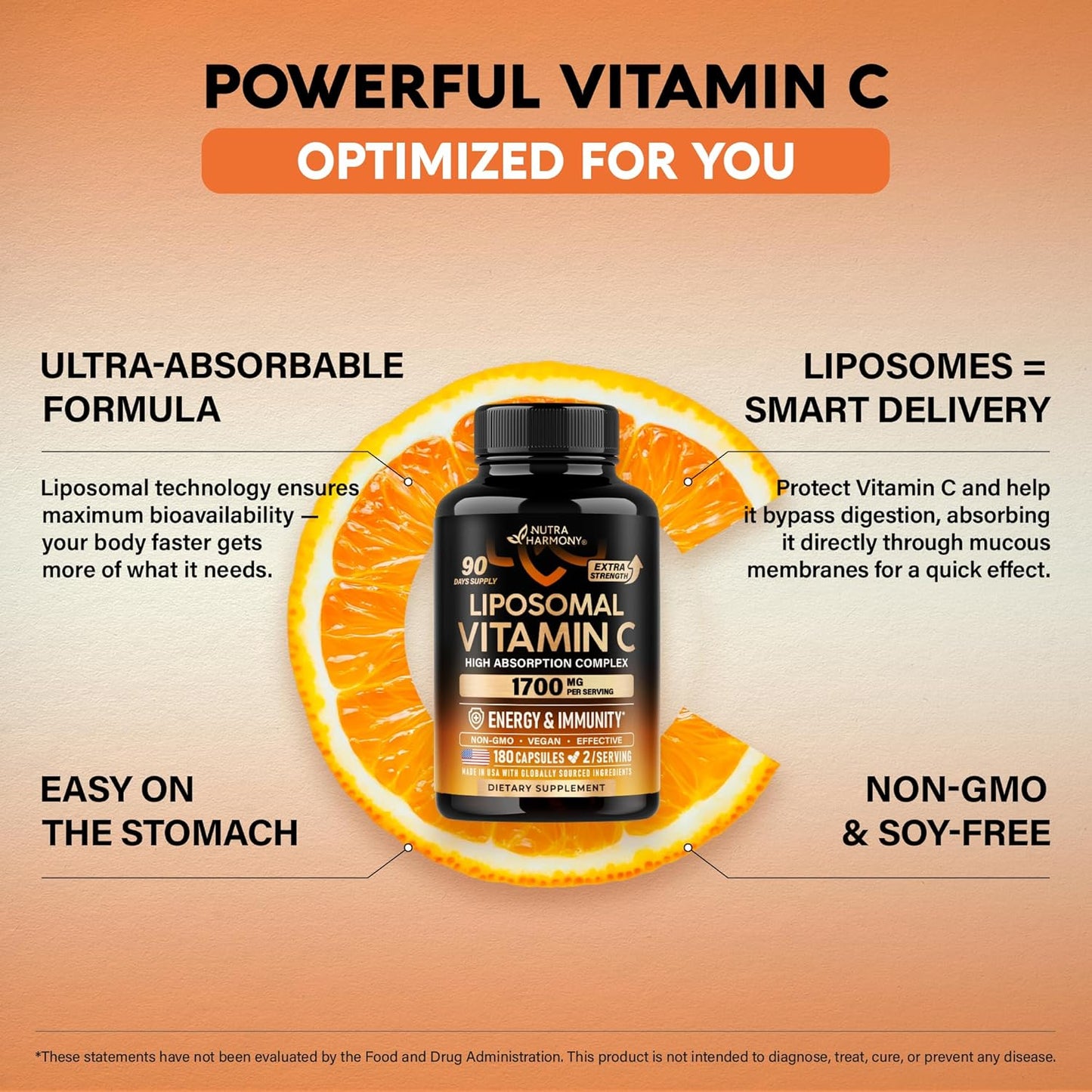 Liposomal Vitamin C 1700 mg - High Absorption Fat Soluble Complex - Antioxidant, Energy Boost & Immune Support - Vitamin C Supplement - NON-GMO, SOY-Free & Gentle on Stomach - 180 Capsules