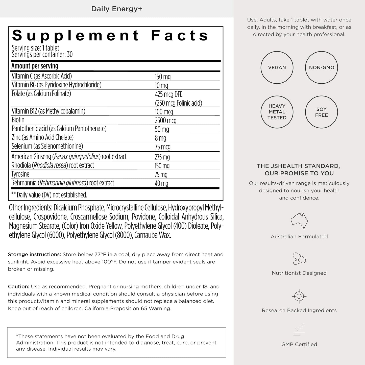 JSHealth Daily Energy Supplement for Women, Vegan, 60 Tablets | Once Daily Energy Vitamins with American Ginseng, Rhodiola, B Vitamins, Vitamin C, Zinc. Supports Stamina and Stress.