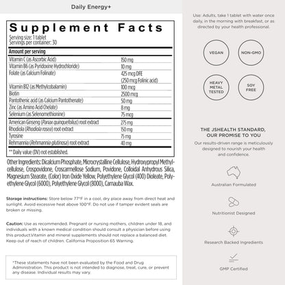 JSHealth Daily Energy Supplement for Women, Vegan, 60 Tablets | Once Daily Energy Vitamins with American Ginseng, Rhodiola, B Vitamins, Vitamin C, Zinc. Supports Stamina and Stress.