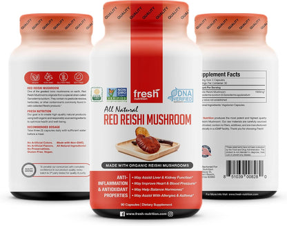 Fresh Nutrition Organic Reishi Mushroom Capsules - Rich in Alpha Glucan - Ganoderma Lucidum & Ganoderma Applanatim - Third Party Tested - 90 Capsules/Pills