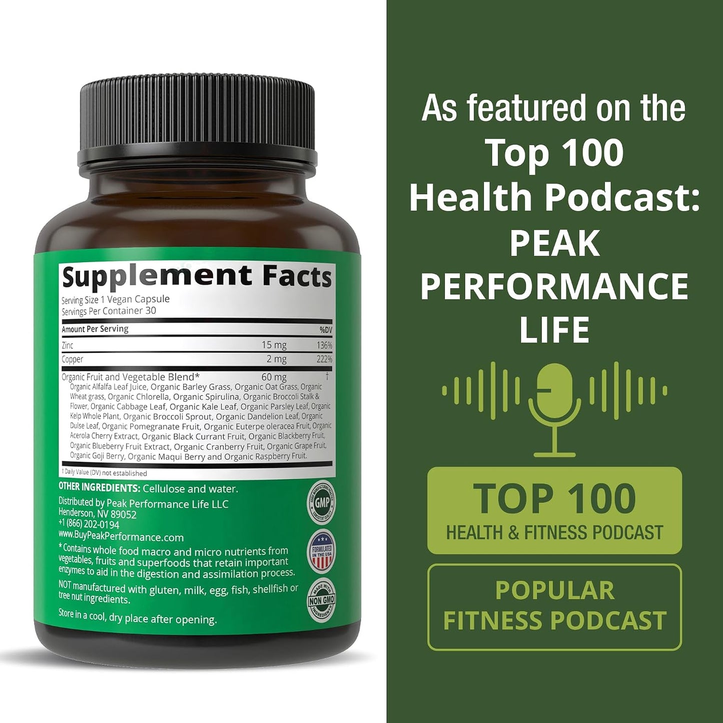 Peak Performance Zinc with Copper + Whole Food Blend of 25 Vegetables and Fruits for Max Absorption - Immune Support Supplement Capsules - Two Essential Minerals for Immunity - Pills for Men & Women