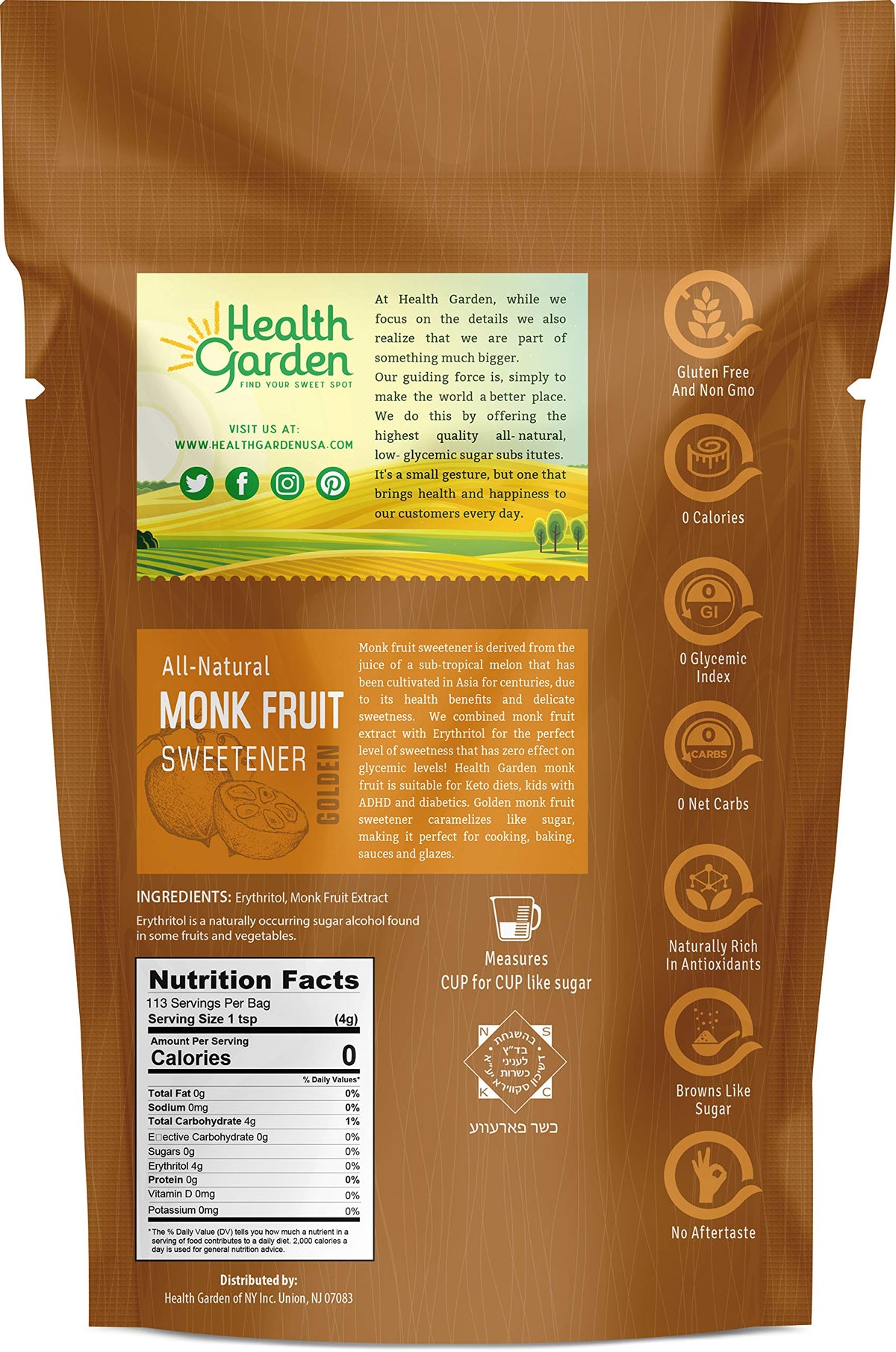 Health Garden Monk Fruit Sweetener, Golden Sugar Substitute - 2.5 lb