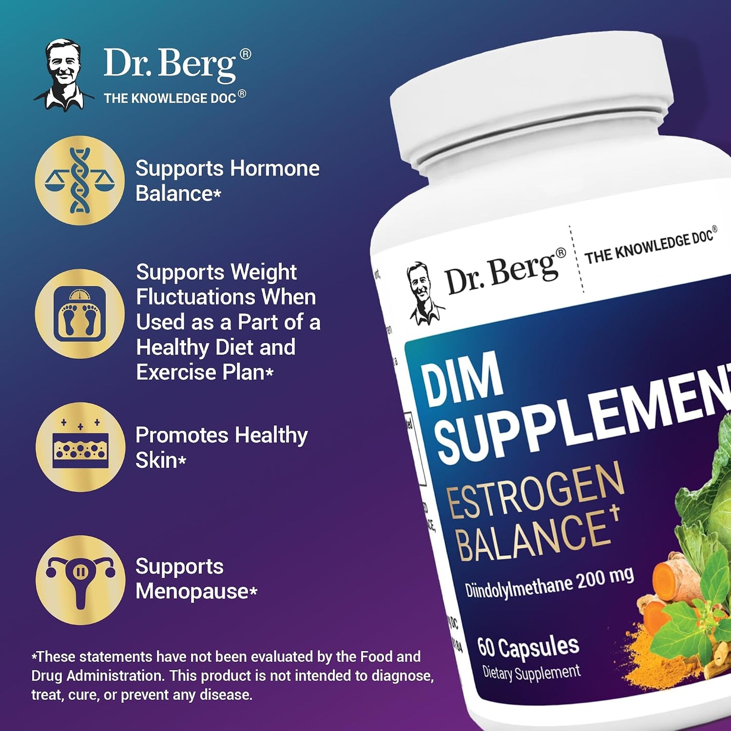 Dr. Berg DIM Supplement Estrogen Balance - Original Estrogen Supplement for Women with Diindolylmethane & Black Pepper for Enhanced Absorption & Menopause Support* - 60 Capsules