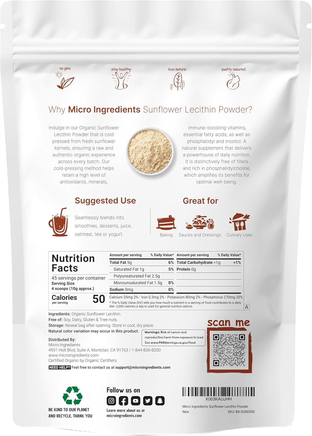 Organic Sunflower Lecithin Powder, 1 Pound, Sustainable Farmed, Cold Pressed, Rich in Phosphatidyl Choline and Protein, Making Liposomal Vitamin C, Lactation Supplement, Non-GMO