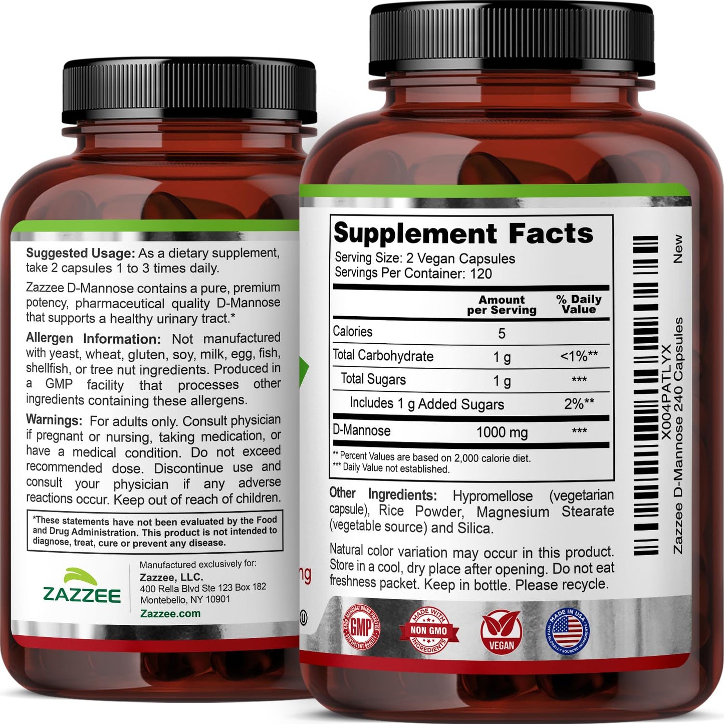 Zazzee D-Mannose, 1000 mg per Serving, 180 Vegan Capsules, 3 Month Supply, Potent & Fast-Acting, Certified Kosher, 100% Pure, All-Natural Urinary Tract Health Support, 100% Vegetarian, Non-GMO