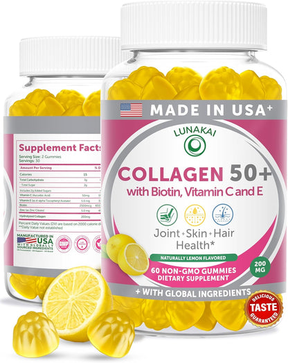 Lunakai USA Made Collagen Gummies for Women & Men Over 50, Biotin & Vitamin C, Supports Skin Elasticity, Hair & Nail Strength, Joint Support, 60ct