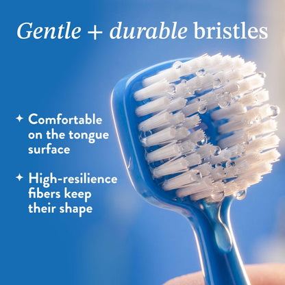 Soft Bristle Tongue Brush for Adults for Bad Breath, Halitosis & Oral Hygiene - Tongue Scraper Brush with Ergonomic Handle & Protective Cap for Easy Storage & Travel - 2 Pack
