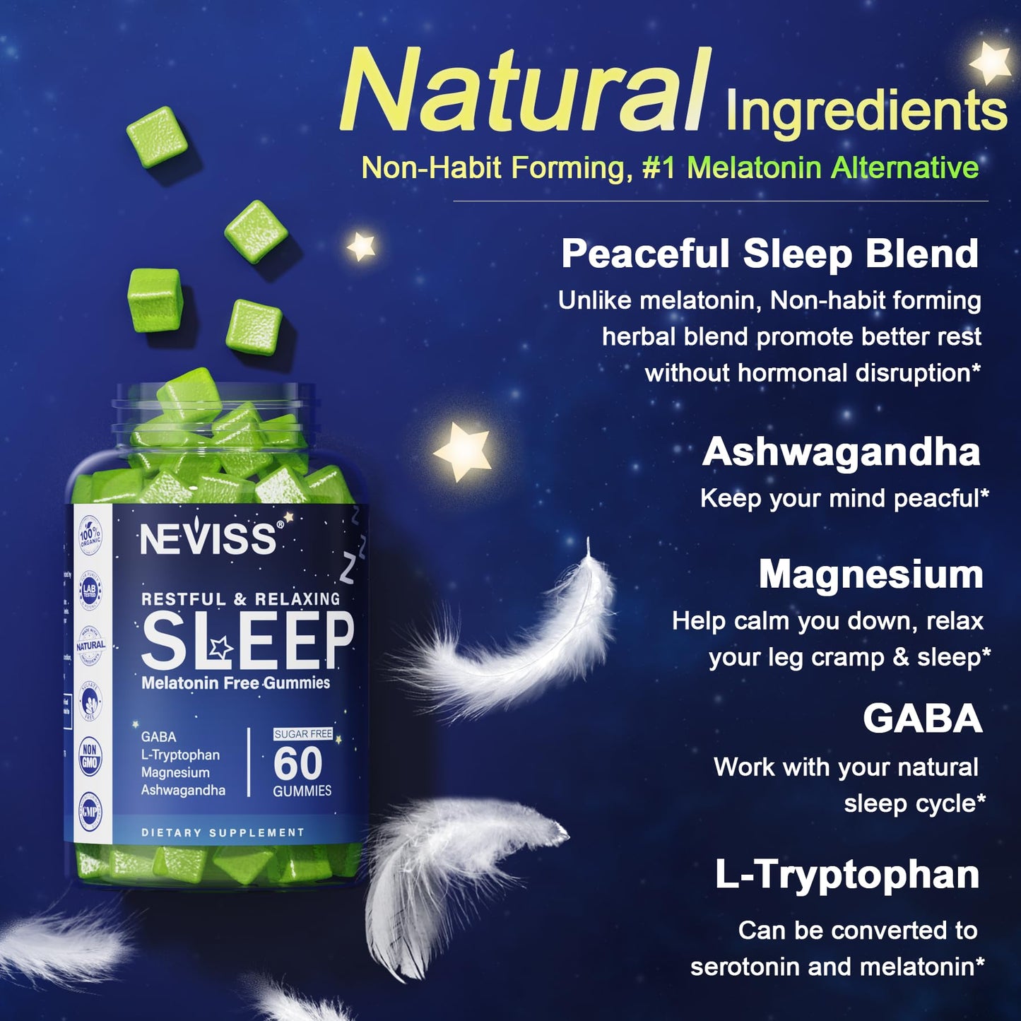 NEVISS Melatonin Free Sleep Aid Gummies for Adults - Magnesium Glycinate Gummies | GABA, L-Tryptophan, Magnesium, Ashwagandha - Non-Habit Forming, Help for Deep Relaxation - Vegan, Lemon Flavor, 2Pack