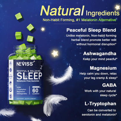 NEVISS Melatonin Free Sleep Aid Gummies for Adults - Magnesium Glycinate Gummies | GABA, L-Tryptophan, Magnesium, Ashwagandha - Non-Habit Forming, Help for Deep Relaxation - Vegan, Lemon Flavor, 2Pack