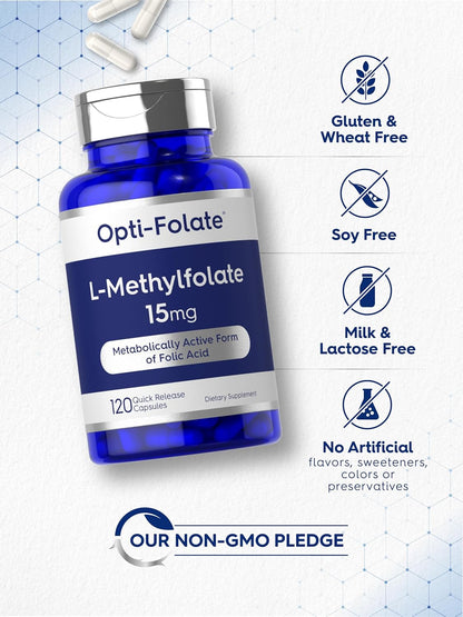 Carlyle L Methylfolate 15mg | 120 Capsules | Value Size | Max Potency | Optimized and Activated | Non-GMO, Gluten Free Supplement | Methyl Folate, 5-MTHF | by Opti-Folate