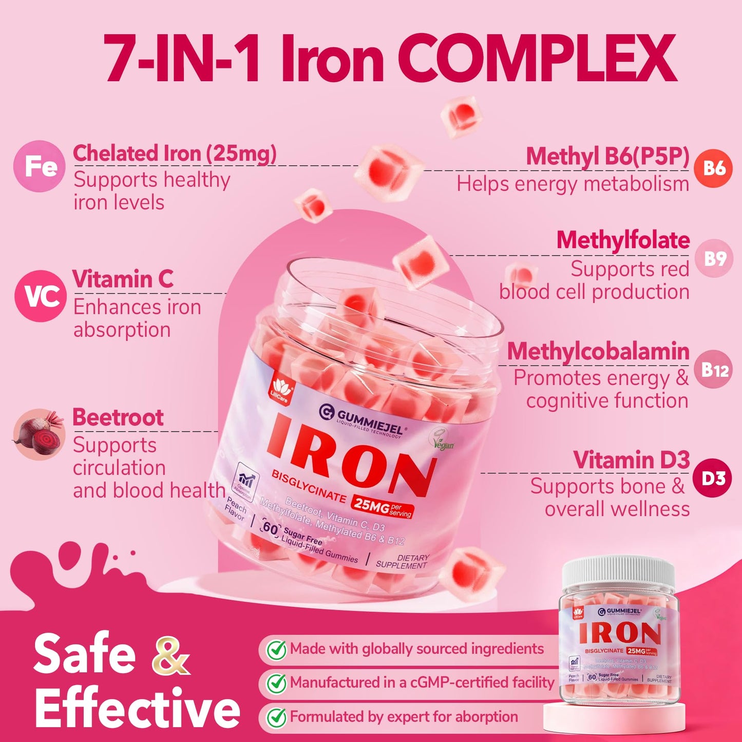 Iron Gummies for Women 25mg Plus Vitamin C, Beet Root, Vitamin B12, Folate for Iron Deficiency, Anemia, Energy Boost, Sugar Free Iron Supplement, Non-Constipating, No After Taste, 60 Cts