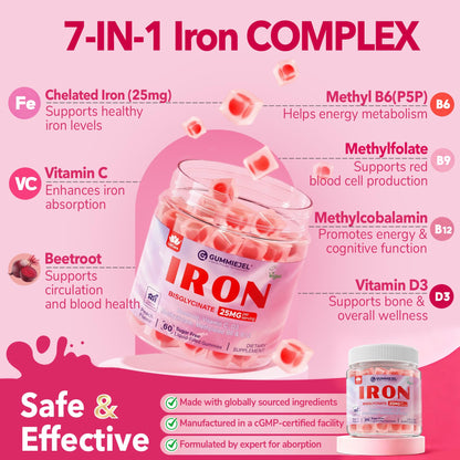 Iron Gummies for Women 25mg Plus Vitamin C, Beet Root, Vitamin B12, Folate for Iron Deficiency, Anemia, Energy Boost, Sugar Free Iron Supplement, Non-Constipating, No After Taste, 60 Cts