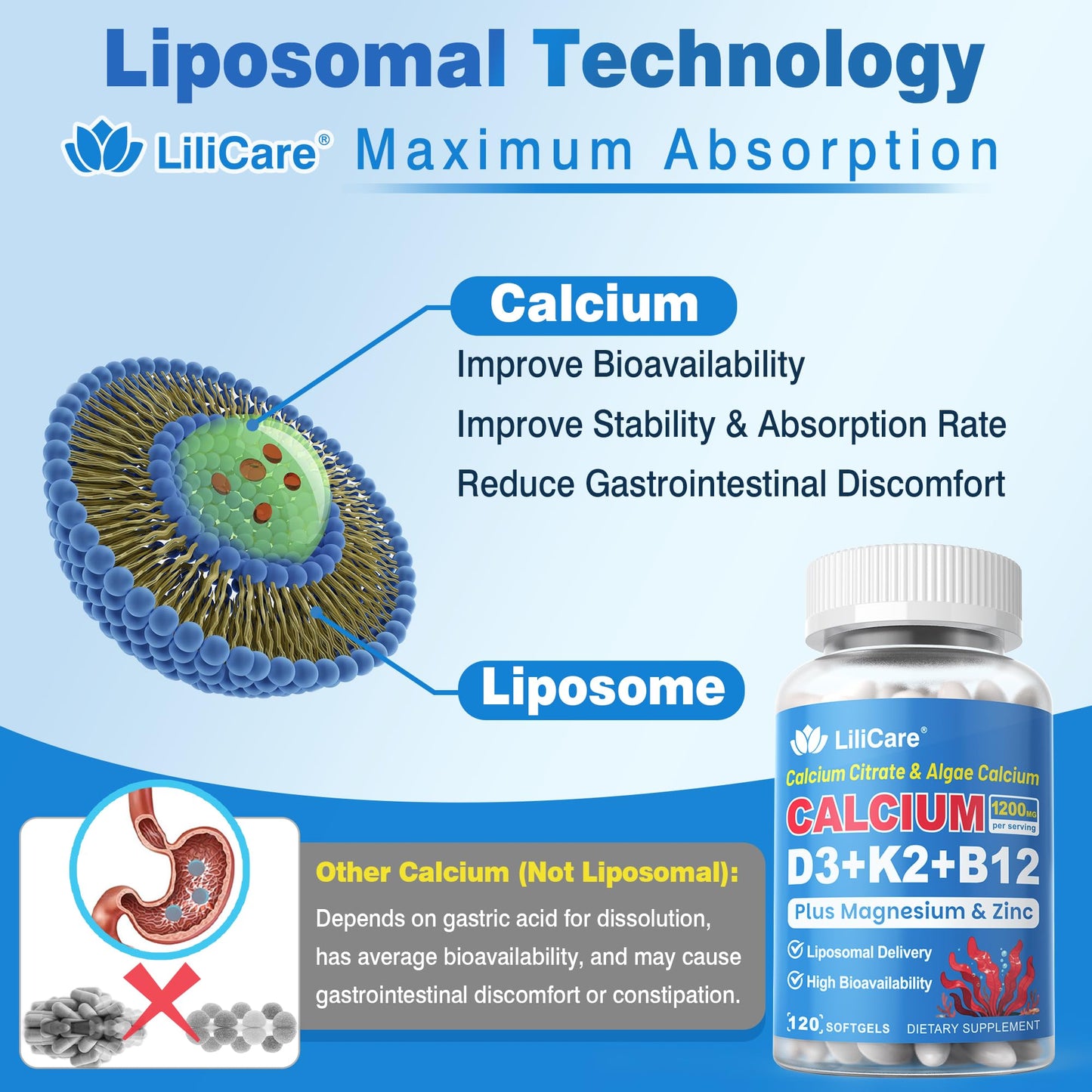 Calcium 1200 mg with Vitamin D3 K2 5000 IU Softgels Supplement for Women Men - Liposomal Calcium Citrate & Algae Calcium Magnesium Zinc + D3 K2 B12, Plant-Based Vegan Vitamin D, Boron for Bone,120ct