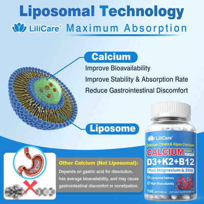 Calcium 1200 mg with Vitamin D3 K2 5000 IU Softgels Supplement for Women Men - Liposomal Calcium Citrate & Algae Calcium Magnesium Zinc + D3 K2 B12, Plant-Based Vegan Vitamin D, Boron for Bone,120ct