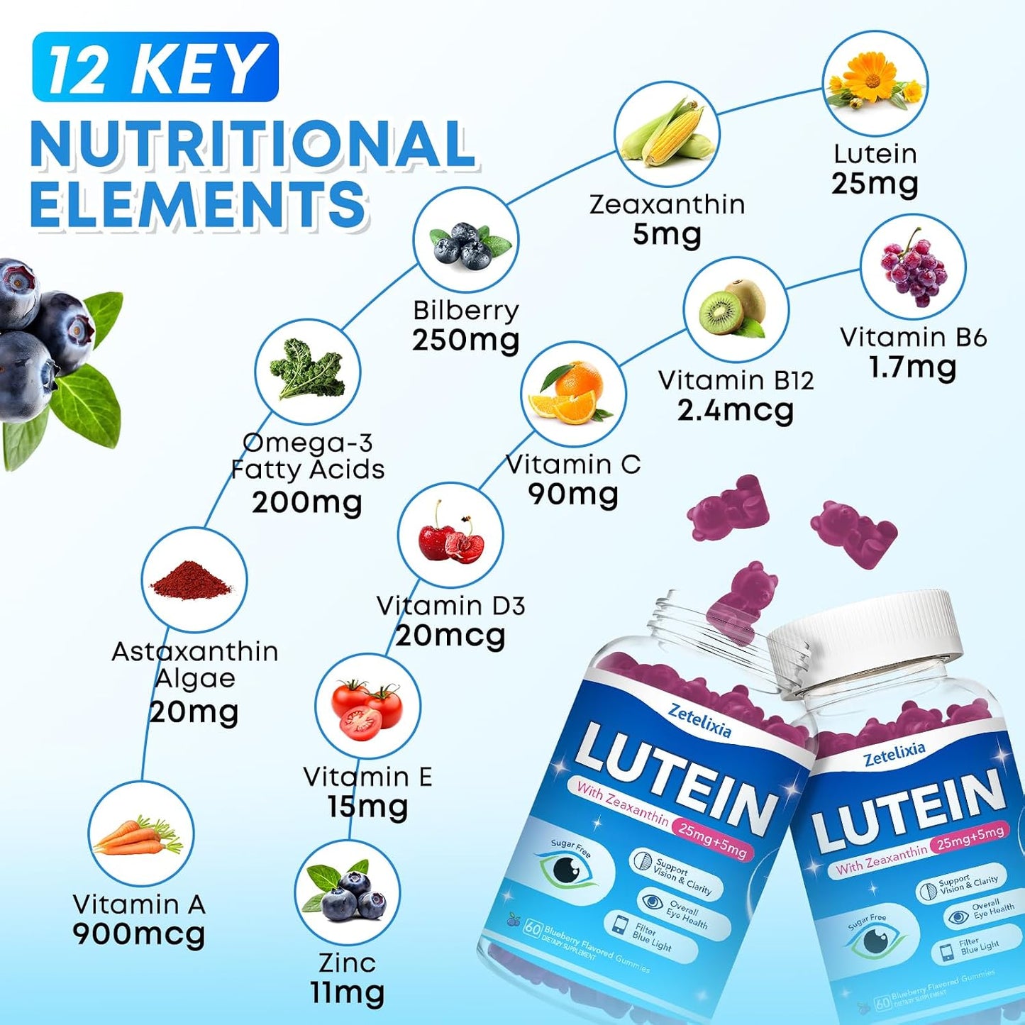 2 Pack Lutein Gummies, 12 in 1 Lutein and Zeaxanthin Supplements Eye Vitamins Gummies for Adults, Eye Health Supplement with Multiple Vitamin for Promoting Eye & Vision - 120 Gummies