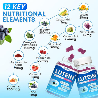 2 Pack Lutein Gummies, 12 in 1 Lutein and Zeaxanthin Supplements Eye Vitamins Gummies for Adults, Eye Health Supplement with Multiple Vitamin for Promoting Eye & Vision - 120 Gummies