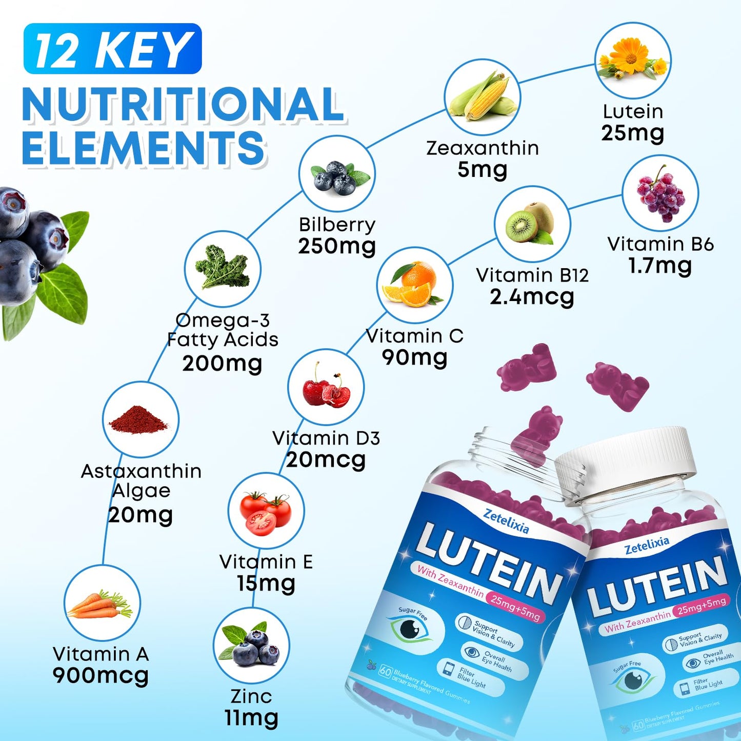 2 Pack Lutein Gummies, 12 in 1 Lutein and Zeaxanthin Supplements Eye Vitamins Gummies for Adults, Eye Health Supplement with Multiple Vitamin for Promoting Eye & Vision - 120 Gummies