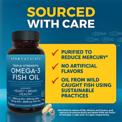 Omega 3 Fish Oil Supplement for Women and Men - 2500 mg Triple Strength Fish Oil per Serving with Omega 3 Fatty Acids Including EPA, DHA DPA - 180 Pescatarian-Friendly Softgels