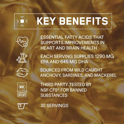 BARE PERFORMANCE NUTRITION, BPN Strong Omega Fish Oil Soft Gel, 1290mg Fish Oil per Capsule, Wild Caught Fish, Sustainably Sourced, IFOS Certified, 30 Servings