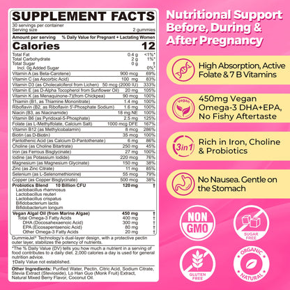 Prenatal Vitamins for Women Multivitamin Gummies w/ Methylfolate 1mg, Choline Omega-3(DHA+EPA) Iron, Postnatal Vitamins for Women Breastfeeding | Before,During & After Pregnancy,Sugar Free,Vegan,60Cts