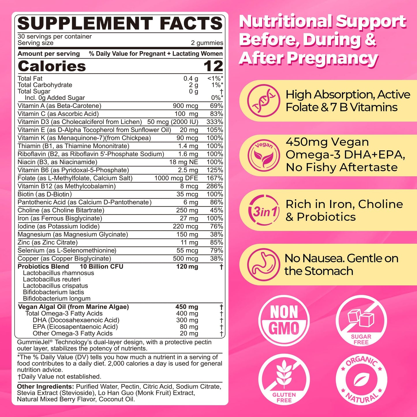 Prenatal Vitamins for Women Multivitamin Gummies w/ Methylfolate 1mg, Choline Omega-3(DHA+EPA) Iron, Postnatal Vitamins for Women Breastfeeding | Before,During & After Pregnancy,Sugar Free,Vegan,60Cts