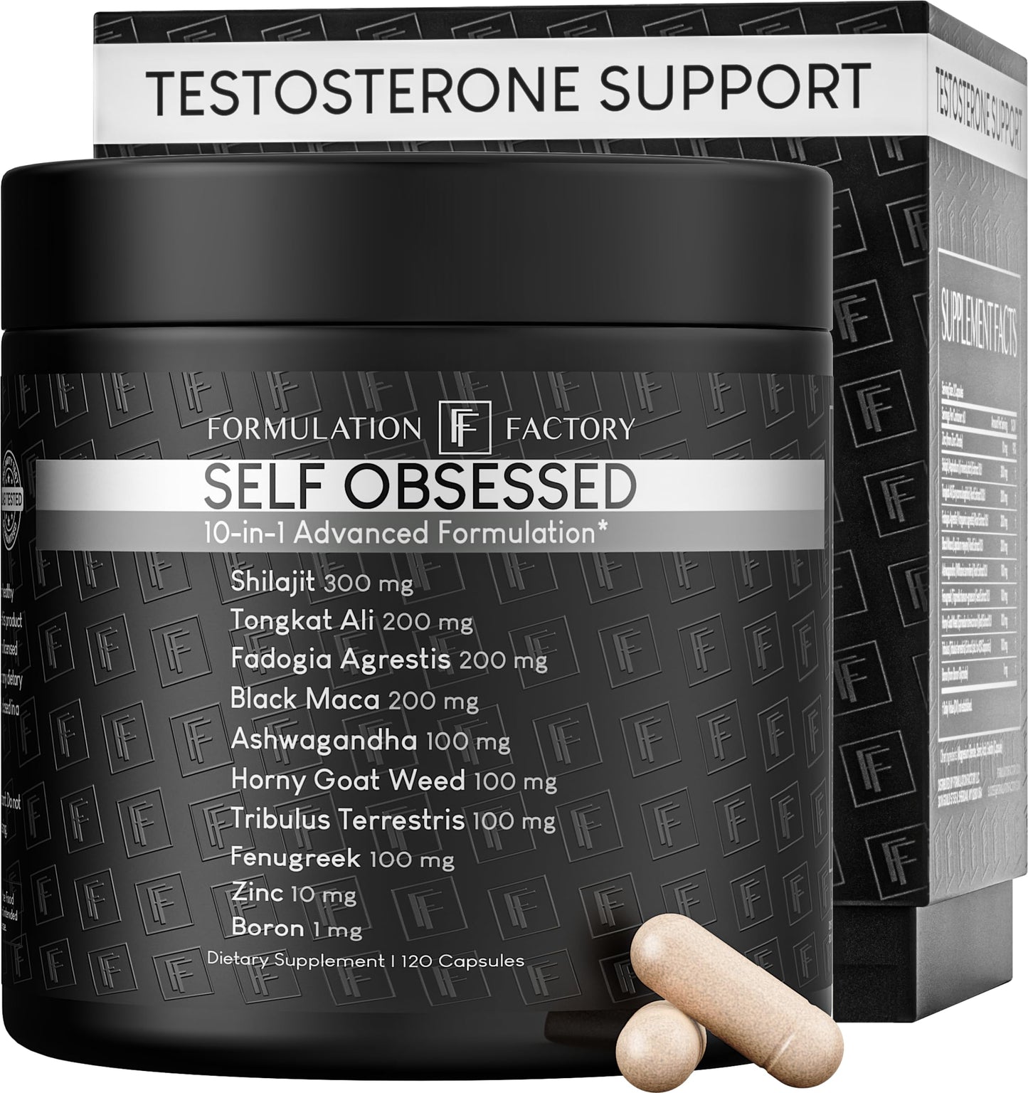 Formulation Factory Self Obsessed 10-in-1 Natural Testosterone Booster for Men, Testosterone Supplement for Men with Shilajit, Tongkat Ali, Fadogia Agrestis, 120 Capsules, 2 Month Supply