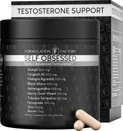 Formulation Factory Self Obsessed 10-in-1 Natural Testosterone Booster for Men, Testosterone Supplement for Men with Shilajit, Tongkat Ali, Fadogia Agrestis, 120 Capsules, 2 Month Supply