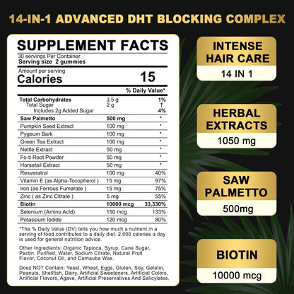 DHT Blocker Gummies Hair Growth Supplement, Super Potency Saw Palmetto & Biotin 10000 mcg for Women & Men, Plus 12 Proprietary Blend - Prevent Hair Loss, Blocking DHT Receptors, Balance