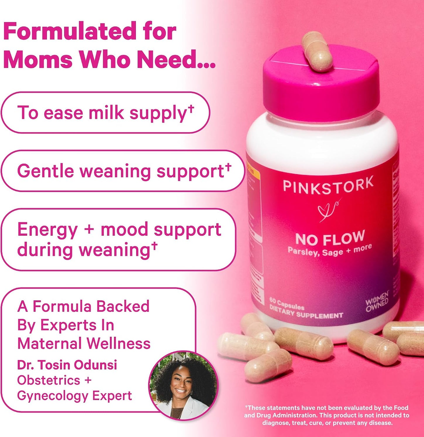 Pink Stork No Flow: Dry Up Breast Milk Supply with Sage, Parsley, and B Vitamins, Postpartum Essentials for Women to Stop Breastfeeding and Decrease Milk Production, 60 Capsules