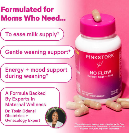 Pink Stork No Flow: Dry Up Breast Milk Supply with Sage, Parsley, and B Vitamins, Postpartum Essentials for Women to Stop Breastfeeding and Decrease Milk Production, 60 Capsules